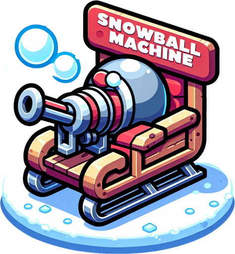 Icon for a Snowball machine on the back of santas sledge, cartoon, with the text „snowball machine“ on the top Single Game Texture. In-Game asset. 2d. Blank background. High contrast. No shadows.