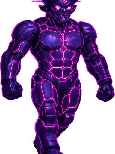 bare segmented neon cyberpunk pecs abs muscles robot monster hunk Neon cyberpunk 3d hologram corporate occult demon android mecha robot sentinel guard soldier machine monster fully in frame no part cut off no background anime futuristic Background removed, "Full-body character, entirely in frame, no cropping of face, head, or feet" "Complete character visible, from head to toe, fully centered in the image" "Entire character, including face and boots, fully within the frame" Character fully contained within a square frame, no edges cut off horns through boots Walking animation forward Neon purple