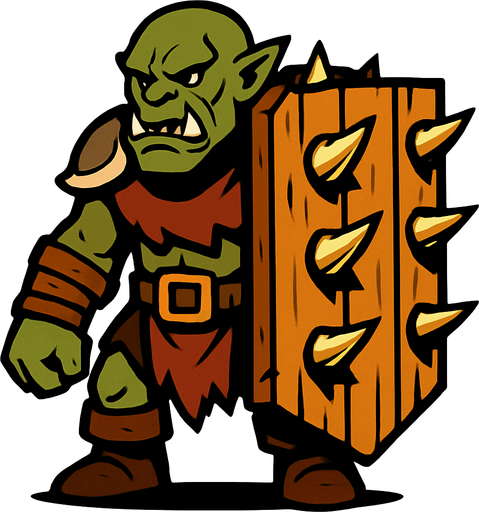 Orc with a big wooden shield full of spikes.
In-Game asset.  2d.  High contrast.  No shadows