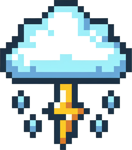 Retro art rain cloud with lighting bolt coming out the bottom 2d pixel art button logo.
Single Game Texture. In-Game asset. 2d. Blank background. High contrast. No shadows.