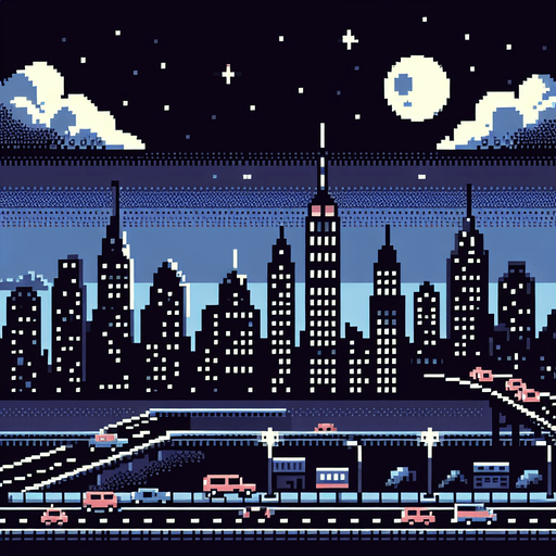 8 bit image city of newyork with black sky night.
Single Game Texture.  In-Game asset.  2d.  Blank background.  High contrast.  No shadows