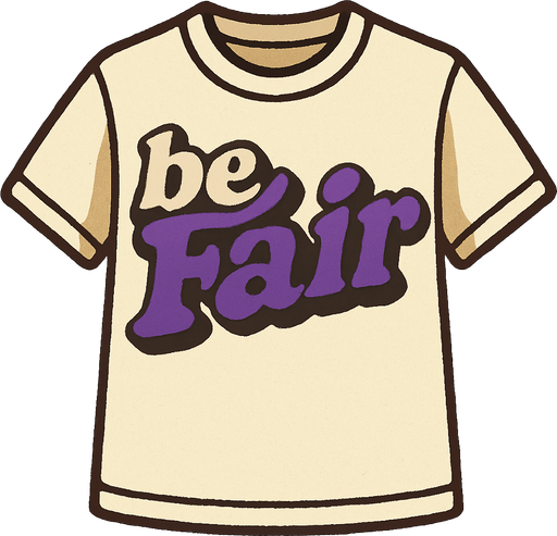 Beyaz bir t-shirt oluştur . üsütünde beFair yazsın t-shirtün . be beyaz Fair mor renkte olsun . retro temada olsun.
In-Game asset.  2d.  High contrast.  No shadows