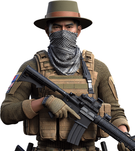 A man in the army suited with weapons.
Single Game Texture.  In-Game asset.  2d.  Blank background.  High contrast.  No shadows