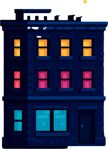 un edificio pixel art por la noche.
In-Game asset.  2d.  High contrast.  No shadows