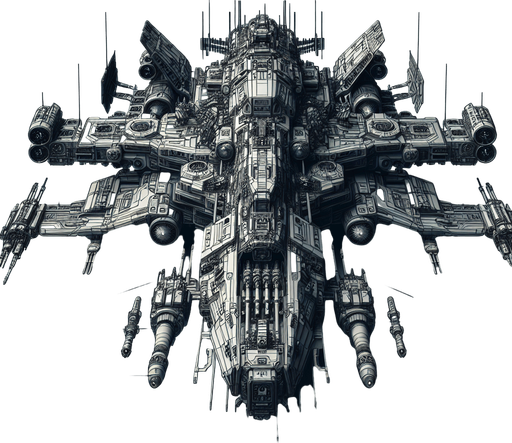 an enemy spaceship equipped with weapons.
Single Game Texture.  In-Game asset.  2d.  Blank background.  High contrast.  No shadows