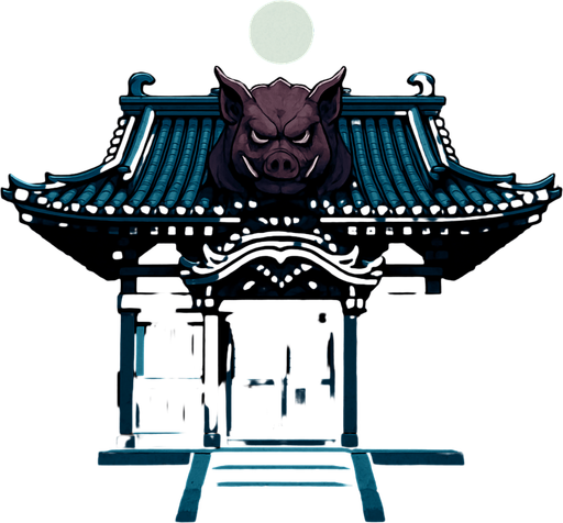 realistic 2d anime style front field old samurai palace temple with pig evil ornament at midnight.
In-Game asset.  2d.  High contrast.  No shadows