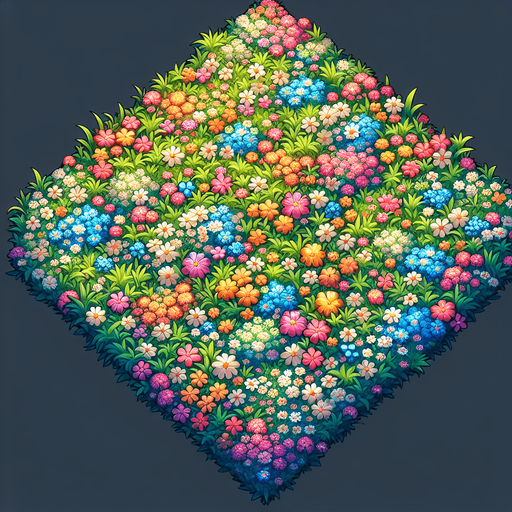 a lush meadow full of tiny flowers. top-down view.
Single Game Texture. In-Game asset. 2d. Blank background. High contrast. No shadows.
