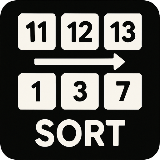 Sort square button, size 200 on 200 the button shows 2 rows of cubes, each row has 3 cubes. Each cube has a number on it. on the buttom row the numbers are: 1, 3, 7 The top row: 11, 12, 13.
the cubes connect with arrows points from the left cube to the cube right to her
at the buttom of the button, write SORT.
In-Game asset.  2d.  High contrast.  No shadows