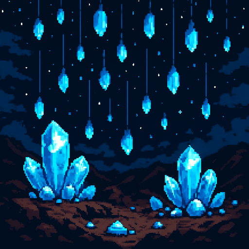 Gran paisaje con piedras brillantes azules callendo del cielo , pixelart.
In-Game asset.  2d.  High contrast.  No shadows