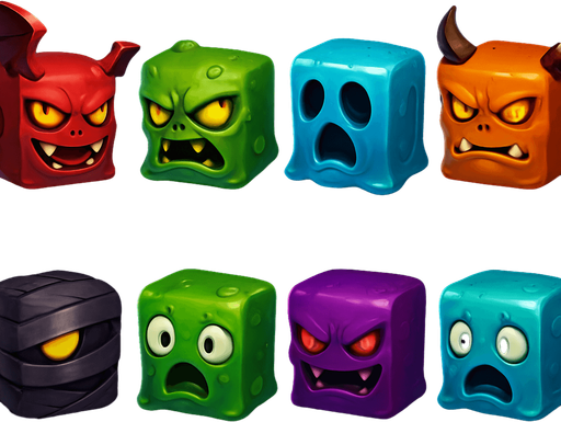 pack of different scary enemies for ninja game, monsters, slimes cubes monsters, different colors, HD colors
In-Game asset.  2d.  High contrast.  No shadows