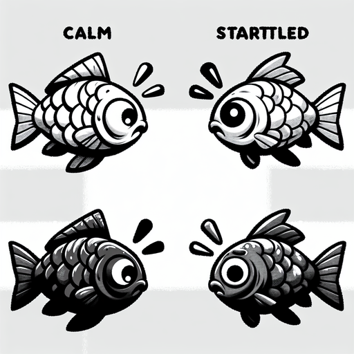 Две версии одной рыбы одна не испуганная другая испуганная 
Анимационом стиле.
Single Game Texture. In-Game asset. 2d. Blank background. High contrast. No shadows.
