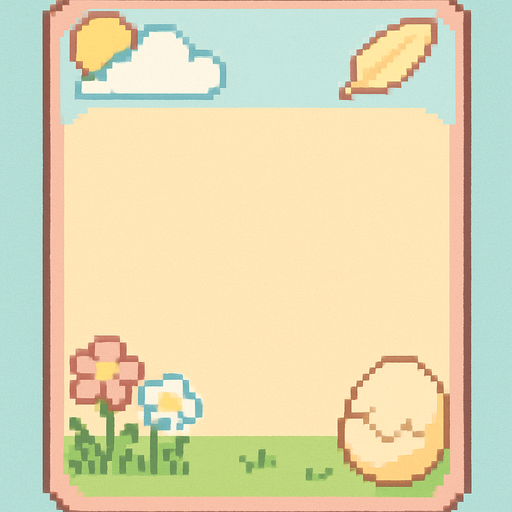 A decorative pixel art character card frame for a 2D retro-style game, themed around a cute bird world. The card is rectangular with rounded corners and has a pastel-colored background. Each corner includes soft, themed details:

A cloud and sun in the top-left,

A feather or flying bird in the top-right,

Grass or flowers in the bottom-left,

A cracked egg in the bottom-right.

The center area is left empty for a character sprite to be added later. The overall design is cozy, cute, colorful, and flat—fitting the aesthetic of a peaceful, playful bird-themed game world.

Style tags:
pixel art, retro, bird theme, character card, cozy, pastel colors, cloud, feather, egg, grass, flowers, soft design, minimal, 2D UI, flat, cute.
In-Game asset.  2d.  High contrast.  No shadows. pixel art. retro. bird theme. character card. cozy. pastel colors. cloud. feather. egg. grass. flowers. soft design. minimal. 2d ui. flat. cute