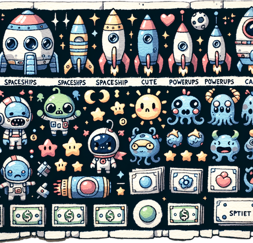 Spritesheet. Spaceships, spacemonsters, cash, powerups. Studio Ghibli. Ghibli style. Mobile game. Colorful. hand drawn. cute. fun. In-Game asset. 2d. Blank background. High contrast. No shadows..