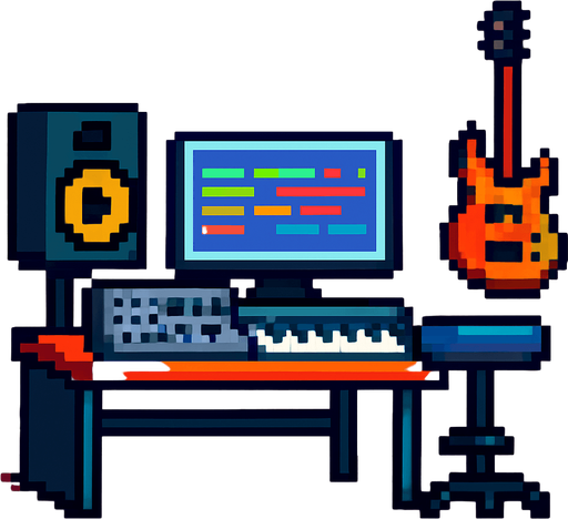 Music studio pixel.
In-Game asset.  2d.  High contrast.  No shadows