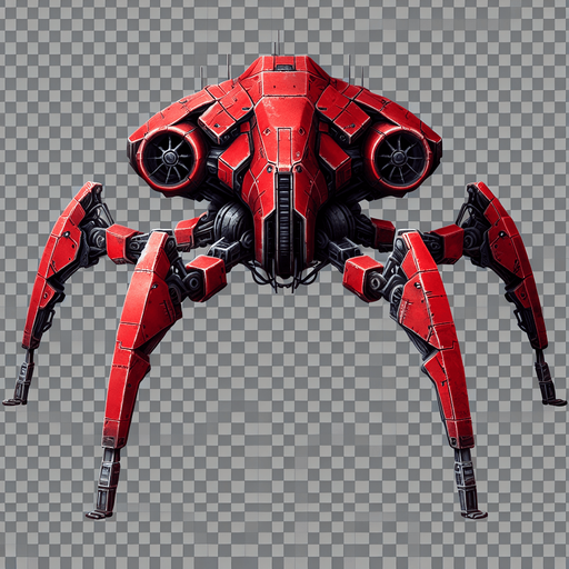 Uma nave vermelha com patas de aranha de ferro intergalactico fundo png.
Single Game Texture. In-Game asset. 2d. Blank background. High contrast. No shadows.