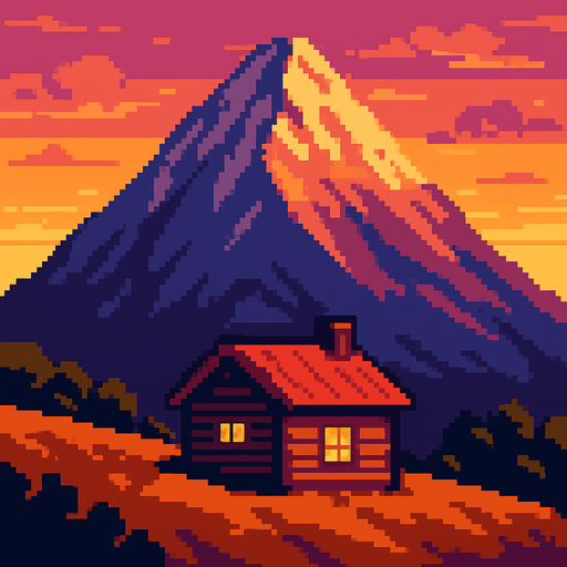 Montaña con casa en atardecer, pixelart.
In-Game asset.  2d.  High contrast.  No shadows