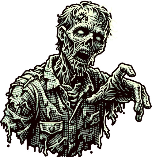 Zombie.
Single Game Texture.  In-Game asset.  2d.  Blank background.  High contrast.  No shadows