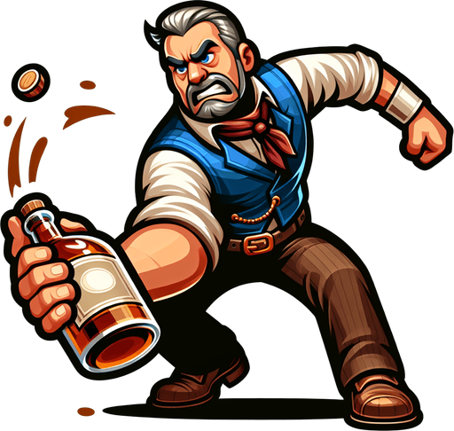 upper torso of a western cartoon barman getting ready to throw a bottle of whiskey..
Single Game Texture. In-Game asset. 2d. Blank background. High contrast. No shadows.