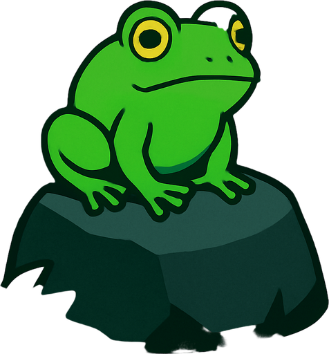 gambar 2d anime kodok hijau di atas batu hitam dalam hutan.
In-Game asset.  2d.  High contrast.  No shadows