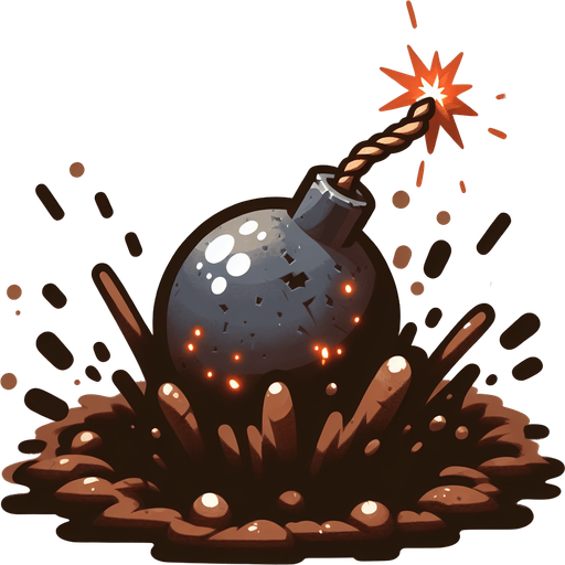 sparking bomb inside MUD HOLE.
Single Game Texture. In-Game asset. 2d. Blank background. High contrast. No shadows.