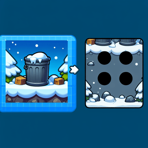 Мусорный бак стоит в снегу. Мультяшный.
Single Game Texture.  In-Game asset.  2d.  Blank background.  High contrast.  No shadows