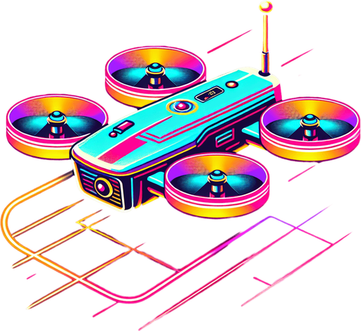 retro flying drone  in neon colors..
Single Game Texture. In-Game asset. 2d. Blank background. High contrast. No shadows.