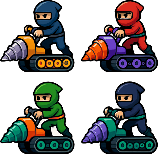 Different frames of a ninja digger, different colors, HD colors.
In-Game asset.  2d.  High contrast.  No shadows