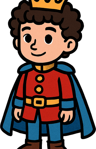 prens kıvırcık saçlı ayakta sakalsız.
In-Game asset.  2d.  High contrast.  No shadows