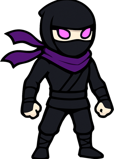 A ninja wearing tight black clothes, purple scarf, masked face, white skin, glowing purple eyes, slim and agile body, simple background, front-facing character with no background, standing pose, 2D game character.
In-Game asset.  2d.  High contrast.  No shadows