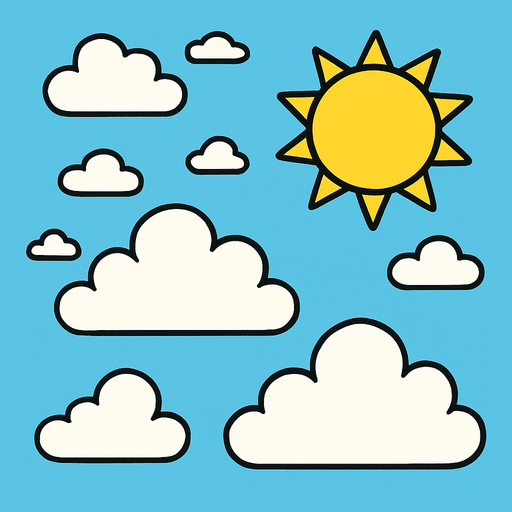 Un fondo todo celeste con nubes y un sol.
In-Game asset.  2d.  High contrast.  No shadows