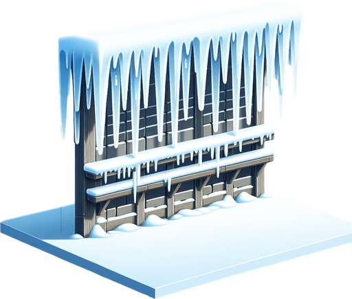 Simple Row of iceales hanging from snowy bar, cartoon. Flat, seen from side. Single Game Texture. In-Game asset. 2d. Blank background. High contrast. No shadows.