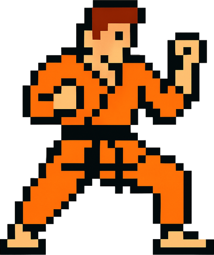An orange fighter karate 8 bit style.
In-Game asset.  2d.  High contrast.  No shadows