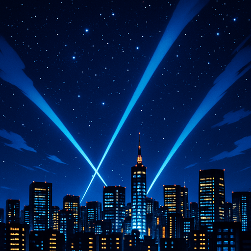 langit malam dikejauhan kota modern dengan lampu lampu sorot ke atas langit . anime 2d.  High contrast.  No shadows