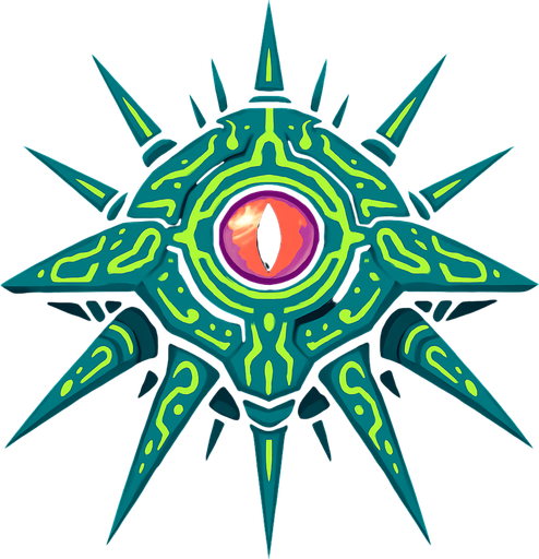 Alien mothership with spikes and glowing patterns and alien eye in middle.
In-Game asset.  2d.  High contrast.  No shadows