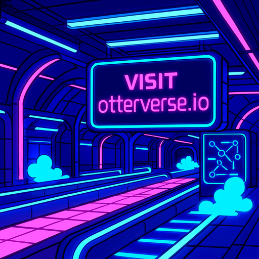 Render a subterranean transit hub lit by neon tubes and pulsating floor panels. The massive central screen displays ‘Visit otterverse.io’ in sleek futuristic font. Incorporate moving walkways, holographic route maps, and vapor clouds rising from vents—no character or coin elements..
In-Game asset.  2d.  High contrast.  No shadows