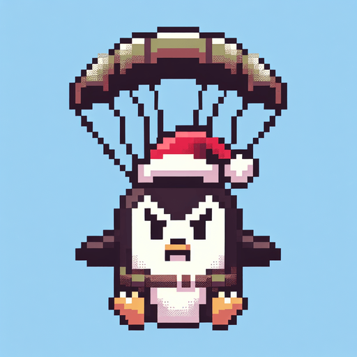 cute angry parachuting penguin wearing a santa hat. pixelated. 8 bit..
Single Game Texture. In-Game asset. 2d. Blank background. High contrast. No shadows.
