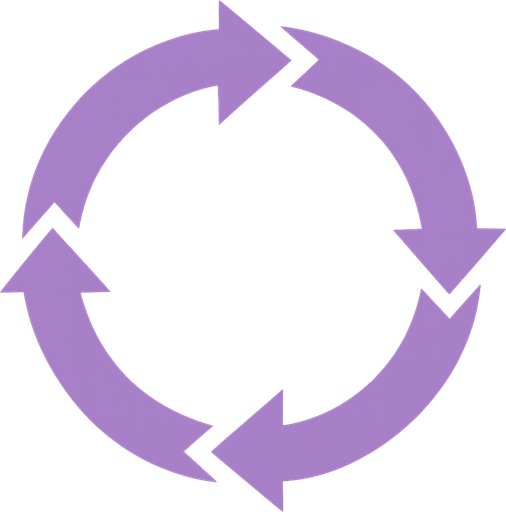 4 segmentos de flecha que forman un circulo en sentido horario, color morado
