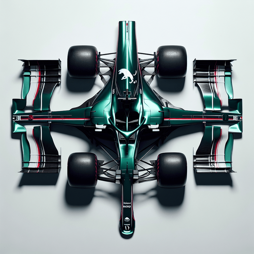 F1 Jaguair race car. Shiny green body. white Jaguar animal logo on body. thin red and white stripes. white front wings and white rear wing.  TOP VIEW!.
Single Game Texture. In-Game asset. 2d. Blank background. High contrast. No shadows.