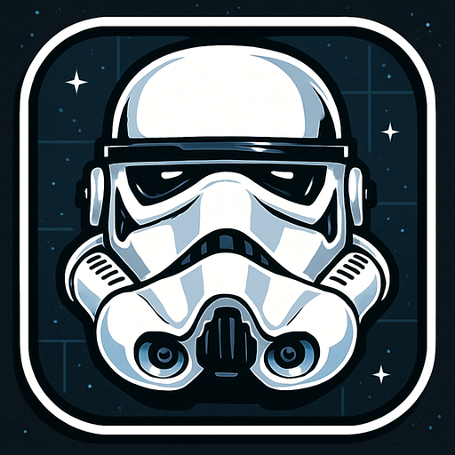 A bold and stylized game or app icon featuring the iconic helmet of a Stormtrooper from Star Wars. The white armor helmet is centered in the frame, with clean black details and glossy reflections, capturing the symmetrical and intimidating look. The background is dark or slightly textured with subtle sci-fi elements like grid lines or stars, to enhance contrast and focus on the helmet. Designed for clarity at small sizes, with strong outlines and a balanced composition. Square or circular layout, 1024x1024 resolution, high detail, sci-fi concept art style, minimal and recognizable..
In-Game asset.  2d.  High contrast.  No shadows