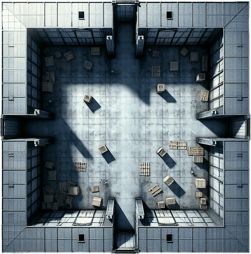 A gritty, industrial warehouse room viewed directly from above. The room has metallic walls, scattered debris, and crates across the floor. There are entrances in the middle center of each wall: top, bottom, left, and right, resembling doorways. The room fills the entire frame, with dim lighting to create an intense atmosphere..
Full-frame, top-down view of an industrial warehouse room. Metallic walls, scattered debris, and crates. Open entrances centered on each wall: top, bottom, left, and right. Dim lighting, no 3D perspective.