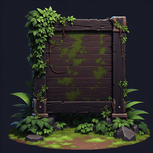 A dark wooden message board with vines and jungle moss growing on top..
Single Game Texture. In-Game asset. 2d. Blank background. High contrast. No shadows.