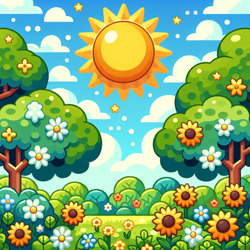 A background image for a puzzle video game depicting the season of summer. Cartoon.
Single Game Texture. In-Game asset. 2d. Blank background. High contrast. No shadows.