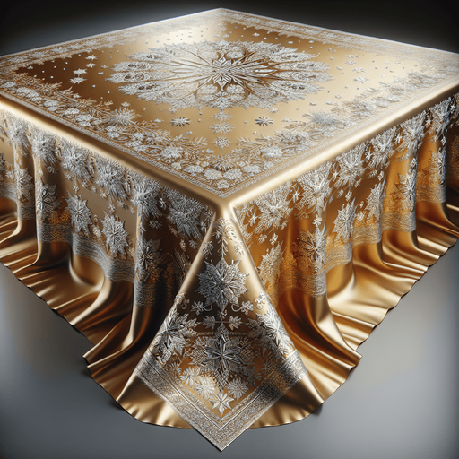 Photorealistic gold-colored, silver snowflakes Christmas tablecloth, front view.