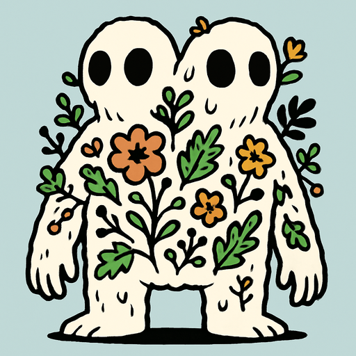 montruo blanco de ojos negros con dos cabezas con flora en el cuerpo.
In-Game asset.  2d.  High contrast.  No shadows