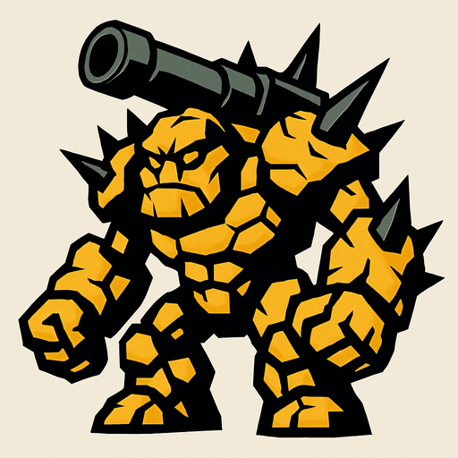 un golem de piedra grande con picos y con un cañon de tanque en la espalda.
In-Game asset.  2d.  High contrast.  No shadows