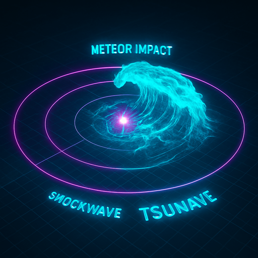 Overhead digital simulation hologram of oceanic meteor impact tsunami wave shockwave radius circle outward crashing neon cyberpunk 3d diagram translucent wave crash hologram neon effect crash
