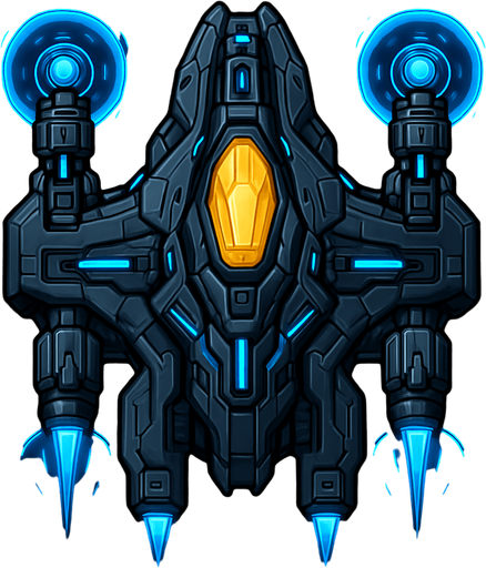 Transform the ship into a high-tech 2D top-down spacecraft. Add shield emitters with rotating energy halos, four weapon slots, side thrusters, and an enhanced cockpit with a golden or crystal-like glow. The silhouette is wider and more refined. Visuals should include detailed paneling, moving parts, and advanced energy flows..
In-Game asset.  2d.  High contrast.  No shadows