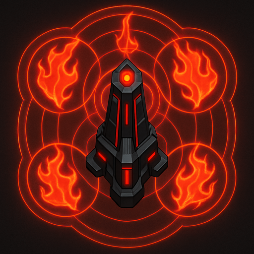top-down view, high-tech energy obelisk, emits area energy pulses, holographic fire shield patterns, black and red glowing accents.
In-Game asset.  2d.  High contrast.  No shadows