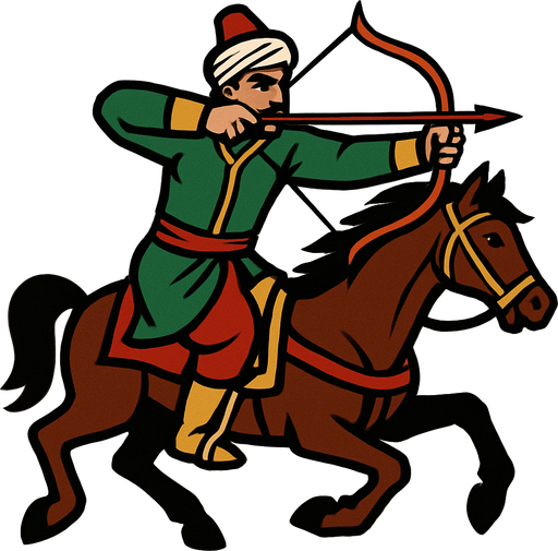 A soldier from the Ottoman period using a bow and arrow on a horse.
In-Game asset.  2d.  High contrast.  No shadows