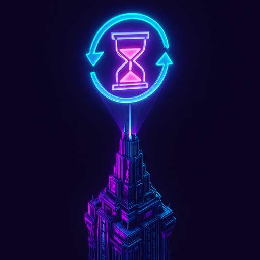 Top down isometric neon cyberpunk futuristic massive tower spire 3D slow down rewind symbol projection over top, time slowed symbol purples teal pink vaporwave glowing hologram over top hourglass glowing fully in frame not cutoff no background